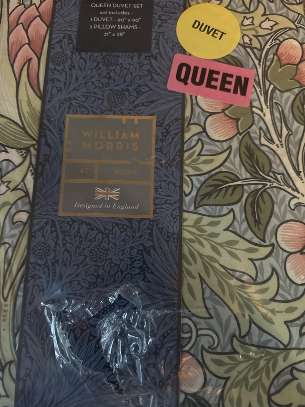 William Morris Floral Queen Duvet Cover in Green & Pink Artichoke Summer NWT